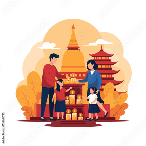 Family Lighting Candles Before Buddhist Temple at Dusk, Spiritual Serenity and Tradition
