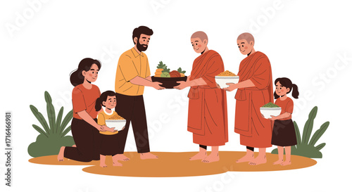 Family Offers Food to Buddhist Monks During Alms Giving Ceremony in Religious Tradition
