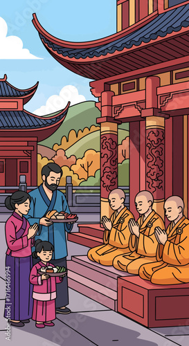 Family Offers Food to Monks at Traditional Asian Temple During Autumn