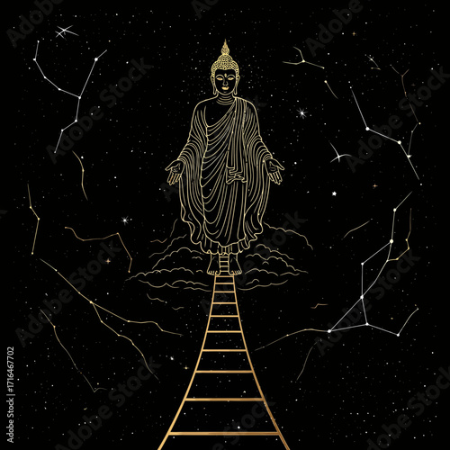 Golden Buddha Ascending Stairway to Heaven Amidst Starry Night Sky Constellations