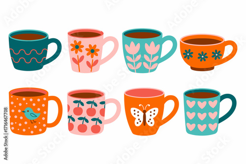 Collection of colorful coffee mugs with various patterns and designs great for breakfast or afternoon tea concept
