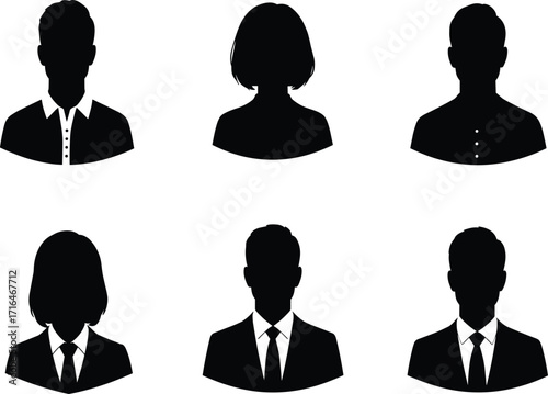 Business profile avatar silhouettes, male and female head icons, professional user symbols, corporate team illustration, vector design, people identification graphics