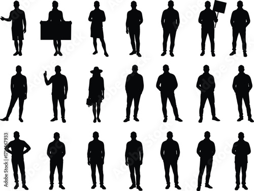 Silhouette people collection vector illustration, standing men and women poses, black human shapes, business casual characters, protest sign, communication gestures