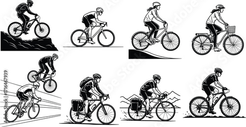 Cycling silhouettes showing mountain biking, road racing, city commuting, touring, stunt riding, outdoor adventure, bicycle sport, vector illustration, bike activity