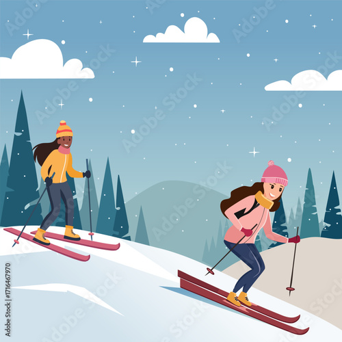 Girls go skiing in winter.Vector illustration with skiers in winter mountain landscape.