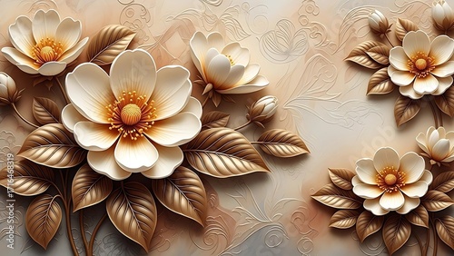 Elegant floral arrangement featuring detailed, three-dimensional white and gold blossoms with textured leaves, set against a soft, patterned background.