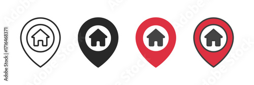 Home location pin icons in different colors symbolizing real estate, property search, housing, map navigation, address, local services, and residential area identification