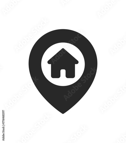 Home location pin icon symbolizing real estate, property search, housing, map navigation, address, local services, and residential area identification