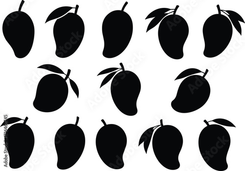 Mango fruit silhouette illustration, tropical fruit vector design, healthy food icon, black mango clipart, natural nutrition graphic, fresh summer fruit art