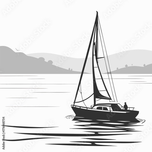 White yacht with a single sail, sailing across the calm ocean water on a summer vacation