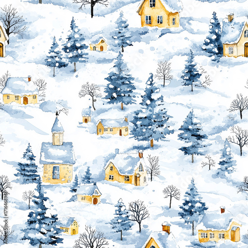 Watercolor pattern of a snowy village with cottages, church steeples, and pine trees blanketed in winter snow, creating a cozy festive landscape