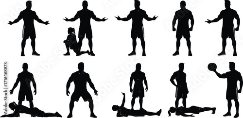Silhouette figures in physical training, assistance, coaching, rehabilitation, exercise poses, fitness interaction, body movement, vector illustration, instructional concept