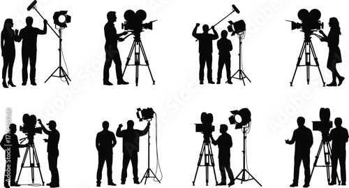 Silhouette film crew using cameras, boom microphones, studio lights, directing scenes, media production teamwork, cinematic setup, vector illustration, filmmaking concept