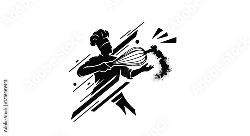 Dynamic chef silhouette creating culinary magic with a whisk and ingredients
