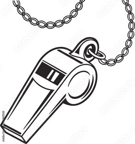 A shiny silver metal whistle on a key chain with a padlock isolated on a white background