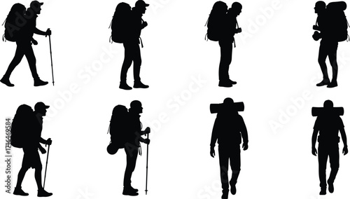 Silhouette hikers with backpacks and trekking poles in various outdoor poses, camping gear, adventure travel, wilderness exploration, hiking illustration