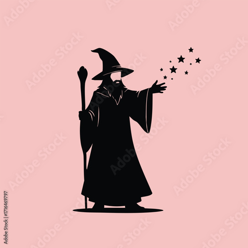 Silhouette of a wizard casting magic spells with stars emanating from his outstretched hand on a pink background