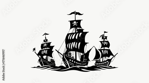 Silhouette image of three pirate ships sailing on the ocean, skull flags flying.