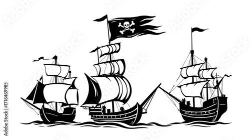 Three vintage pirate ships sailing on a calm sea, black and white illustration.