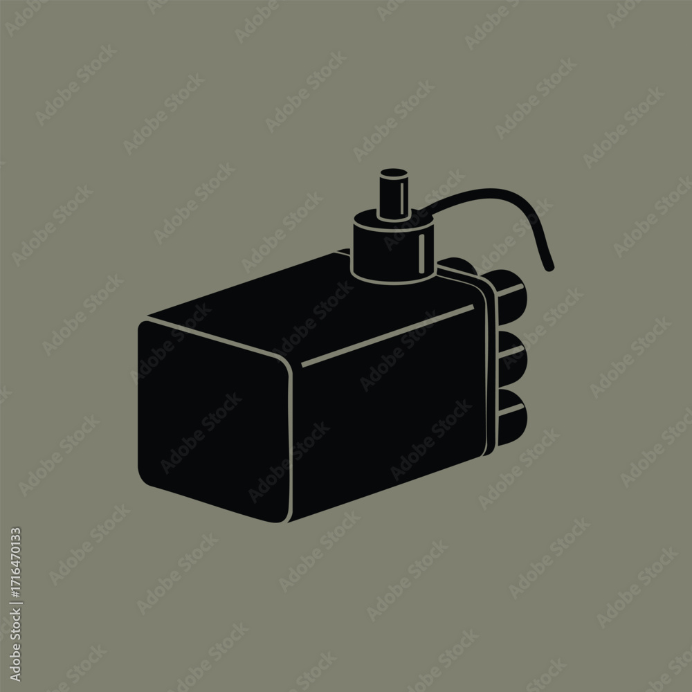 Obraz premium Black silhouette of an electronic device with buttons and a connected wire on a muted background