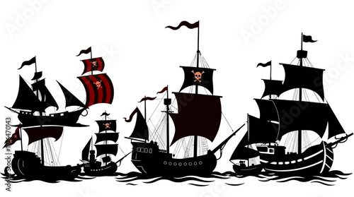 Silhouette illustration of several pirate ships sailing on the water, flags flying.