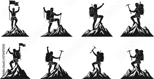 Silhouette mountain climbers on peaks with gear, flags, ice axes, adventure pose, hiking triumph, outdoor exploration, vector illustration, rugged terrain
