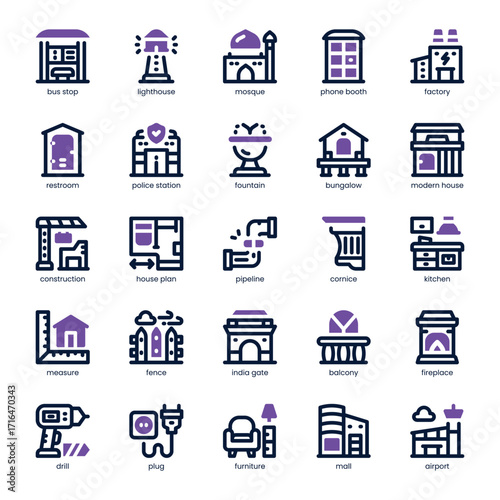 Architecture Icon pack for your website, mobile, presentation, and logo design. Architecture Icon dual tone design. Vector graphics illustration and editable stroke.