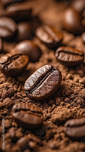 Roasted Coffee Bean Close-Up on Dark Background with Detailed Texture