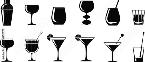 Cocktail glass icons set, drink silhouettes, martini, wine, highball, shaker, garnish, vector illustration, black and white, bar tools, beverage symbols, alcohol, party drin