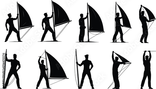 Silhouette of men assembling windsurfing sails, preparing equipment, standing with boards, windsurf gear setup, outdoor sport activity, water sport preparation.