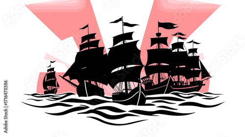 Silhouette of several sailing ships on wavy water, with a stylized red and white background.