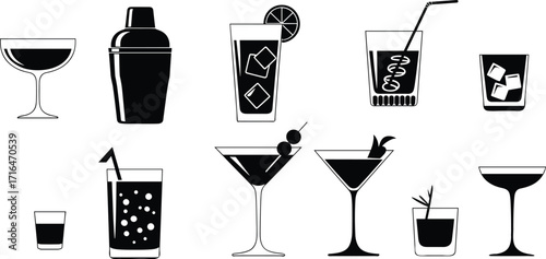 Cocktail glass icons set, drink silhouettes, martini, highball, shaker, ice cubes, olive garnish, lemon slice, straw, vector illustration, black and white, bar tools, beve