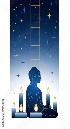 Meditating Buddha surrounded by candles under a starry night sky with a ladder