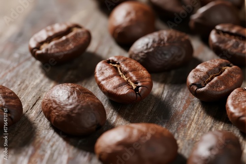 Roasted Coffee Beans on Dark Surface - Close Up with Shallow Depth of Field