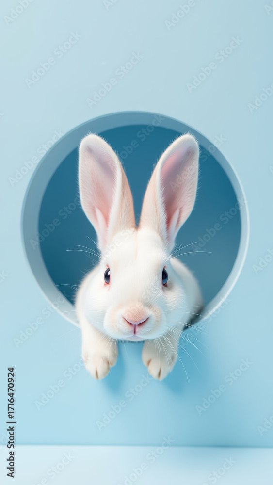 Fototapeta premium Cute white rabbit peeks through circular hole light blue background, showcasing its soft fur and expressive eyes. This adorable scene evokes sense