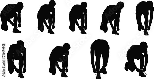 Silhouette person tying shoelaces in multiple steps, crouching pose, footwear adjustment, daily routine, vector illustration, shoe tying sequence