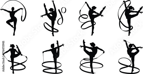 Silhouette rhythmic gymnasts performing ribbon poses, flexibility, balance, dance motion, artistic sport, graceful movement, vector illustration, gymnastics routine concept