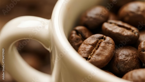 Coffee Beans in White Cup - Close Up with Soft Focus and Warm Lighting