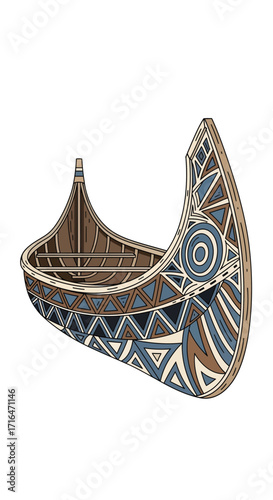 Ornate Nordic Viking Longship with Geometric Patterns, Vector Illustration