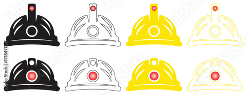 Construction safety helmets with headlamp icons.