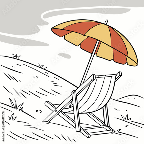 Relax in a tropical summer resort with a beach chair, umbrella, and the sea