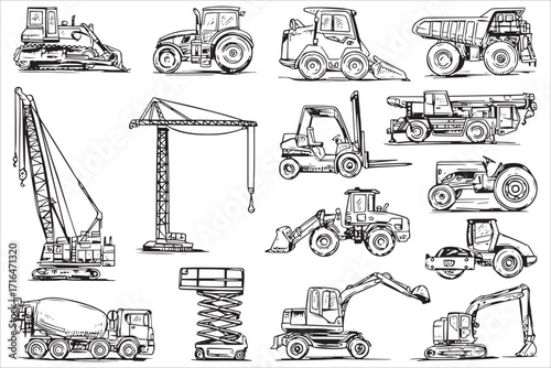 Hand Drawn Construction Vehicles Icon Illustration Set