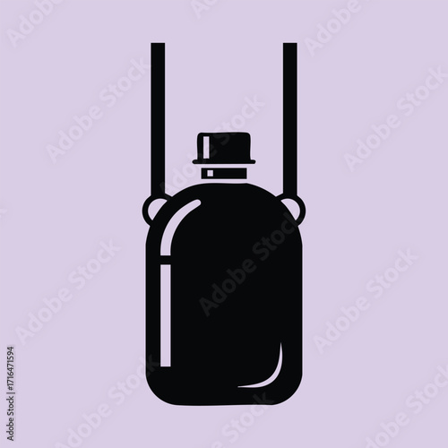 Black silhouette of a punching bag hanging with straps on a light purple background in a simple flat design style