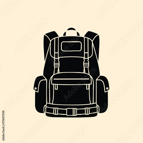 Black silhouette of a large hiking backpack with multiple compartments and adjustable straps on beige background
