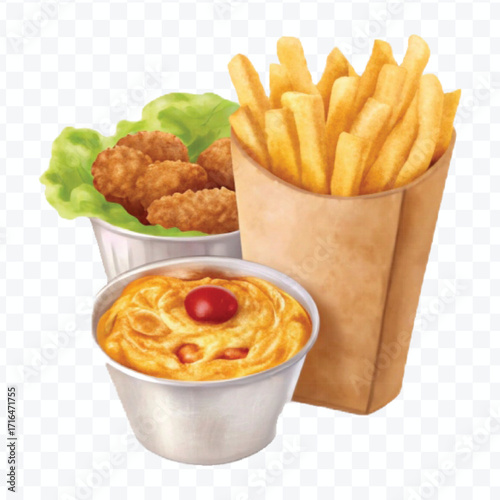 realistic 3d delicious fast food icons (fried chicken,  pizza slice , french fries ) set isolated on transparent background