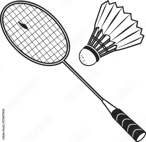 A black badminton racket with a shuttlecock is isolated on a white background
