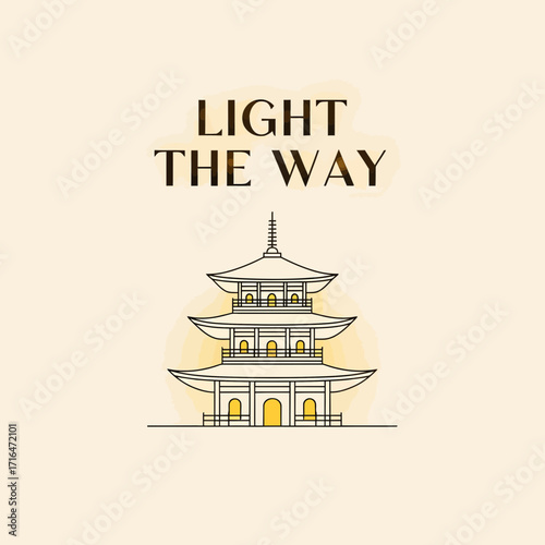 Serene Pagoda Tower Illustration with Inspiring "Light The Way" Text Overlay