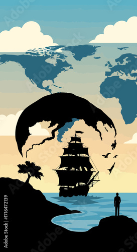 Silhouette of a lone traveler gazing at a majestic sailing ship on a calm sea