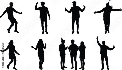 Silhouettes of people dancing and partying, group celebration, nightlife fun, festive crowd enjoying music, social event, happy moments