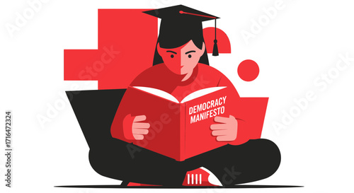 Student in Graduation Cap Reading a Book Titled "Democracy Manifesto"